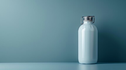 White bottle with metal clasp on a blue surface with a blue background in a studio shot