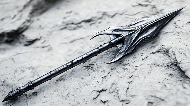 A detailed, ornate spear rests on a textured stone surface, showcasing its sharp tip and intricate design, evoking a sense of fantasy and adventure.
