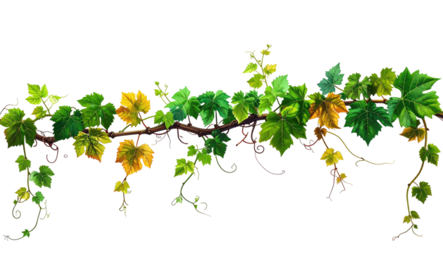 Lush vine with varying shades of green, yellow, and brown leaves, arranged horizontally - Powered by Adobe