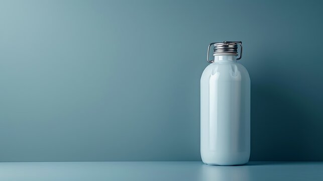 White bottle with metal clasp on a blue surface with a blue background in a studio shot - Powered by Adobe