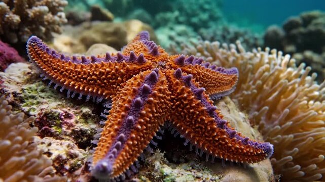 Vibrant ochre starfish clinging to a coral reef, showcasing intricate arm patterns and tube feet in motion. A close up, macro perspective highlighting the unique texture and biological detail of?
