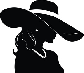 Elegant woman silhouette, wide brim hat fashion, pearl necklace jewelry, stylish profile portrait, mysterious lady illustration, black white minimalist art © Mst