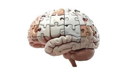 A side view depicts a brain rendered partially with puzzle pieces. Isolated on black