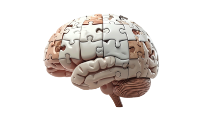 A side view depicts a brain rendered partially with puzzle pieces. Isolated on black
