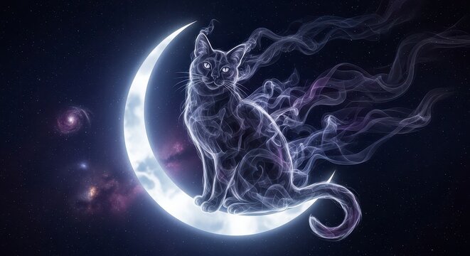 Ethereal cat sitting on a glowing crescent moon surrounded by stars and cosmic smoke trails art - Powered by Adobe