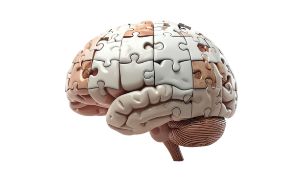 A side view depicts a brain rendered partially with puzzle pieces. Isolated on black