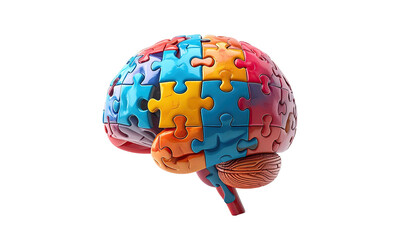 Colorful jigsaw puzzle pieces forming the shape of a brain, isolated against a black background