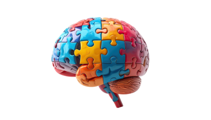 Colorful jigsaw puzzle pieces forming the shape of a brain, isolated against a black background