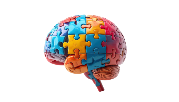 Colorful jigsaw puzzle pieces forming the shape of a brain, isolated against a black background