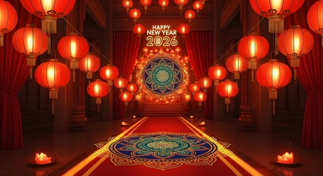 Elegant chinese new year celebration with red lanterns and ornate decorations