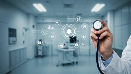A doctor's hand holding a stethoscope against a futuristic medical data overlay within a hospital setting - Powered by Adobe