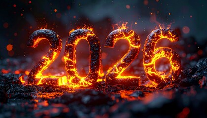 3D glowing molten lava numbers forming from “2025” into “2026,” volcanic texture, dramatic lighting, fiery high-contrast scene