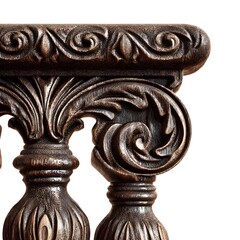 Intricate dark wood carving with ornate scrollwork and acanthus leaf details