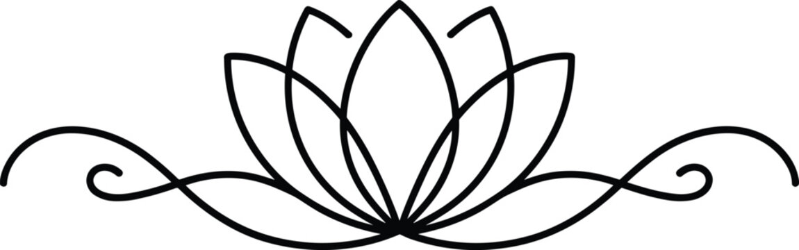 Black outline lotus flower with decorative swirls black and white
