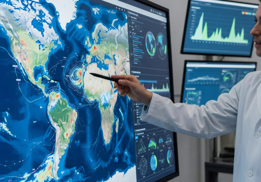 Man in lab coat pointing at digital world map with stylus, analyzing global weather or climate data. Environmental science or meteorology concept.