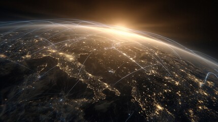 The image showcases Earth at night, with bright city lights connected by luminous data lines that represent global networks. This stunning view illustrates the interconnectedness o