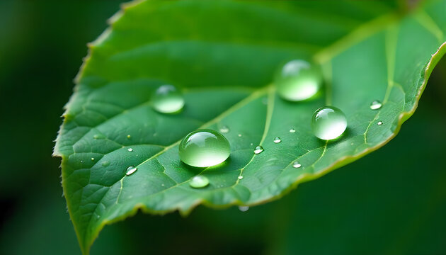 Macro Close-up of Dew Drops on Vibrant Green Leaf Surface