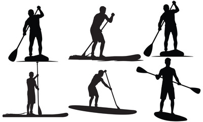 Obraz premium Collection of diverse stand up paddleboarder silhouettes in various poses and actions silhouette