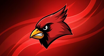 Aggressive cardinal bird mascot head with intense gaze and red background