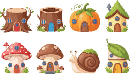 Fantasy house illustration, cartoon houses, mushroom house, pumpkin house, tree stump home, snail house, leaf roof, fairy tale design, vector © Mst