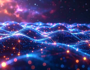 Abstract Digital Landscape with Glowing Nodes and Interconnected Lines.