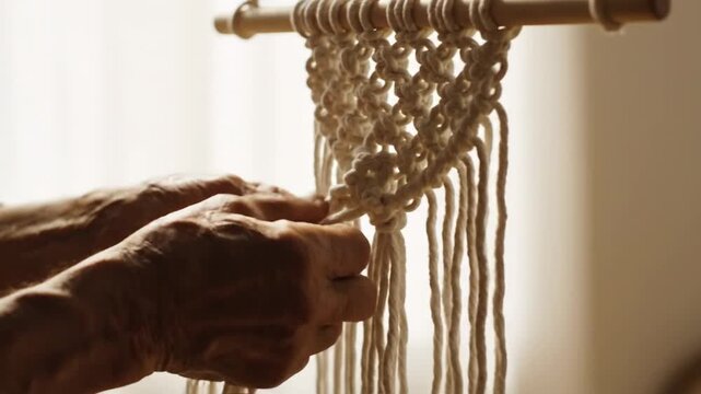 Hands Creating Macrame Wall Hanging with Natural Cotton Cord in Cozy Interior