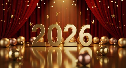 Golden 2026 new year celebration with festive decorations and red curtains