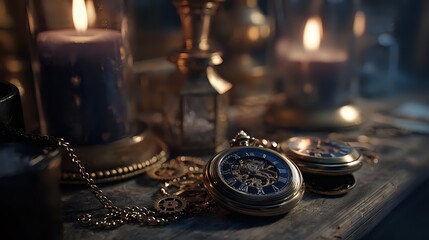 Vintage pocket watch with candles a still life composition evoking mystery and nostalgia perfect for historical themes and atmospheric designs