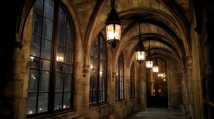 Illuminated lanterns hang in a gothic corridor casting light through arched windows creating a dramatic and atmospheric scene