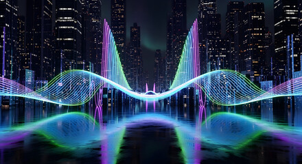 A vibrant, glowing digital waveform pulses through a futuristic city at night, reflecting on a wet surface.