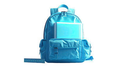 Digitally rendered bright blue backpack against a black background, with book & ruler