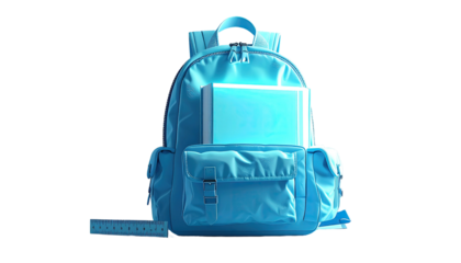 Digitally rendered bright blue backpack against a black background, with book & ruler