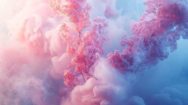 Abstract pink and blue smoke cloud with branch like structures in a dreamy ethereal style art