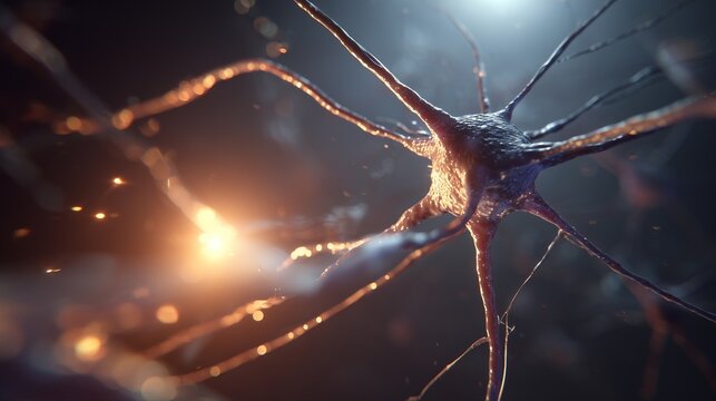 The image shows a neuron with intricate structures, highlighted by glowing electrical impulses that connect nerve cells. This detailed neuron represents vital neural communication
