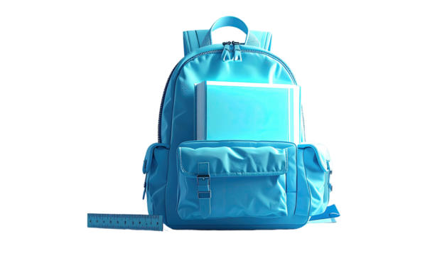 Digitally rendered bright blue backpack against a black background, with book & ruler