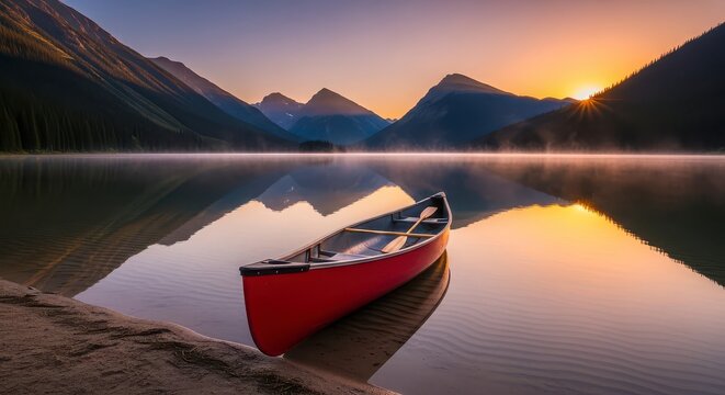 Red canoe resting on the shore of a tranquil lake surrounded by mountains at sunset with reflections