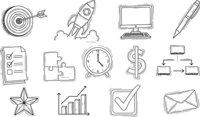 Business Doodle Icons Set &ndash; Hand Drawn Office, Finance, and Productivity Symbols