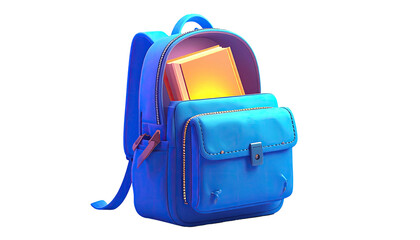 3D rendered illustration of a blue school bag, open and filled with a book