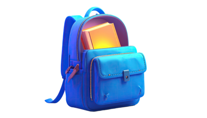 3D rendered illustration of a blue school bag, open and filled with a book