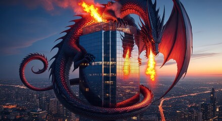A dragon wrapping around a skyscraper and breathing fire in a cityscape at sunset or sunrise