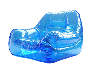 A digitally rendered, inflatable chair in translucent blue, isolated against a black background