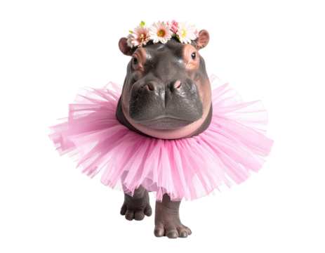 A hippo in a pink skirt and with a flower crown on her head isolated on transparent background.