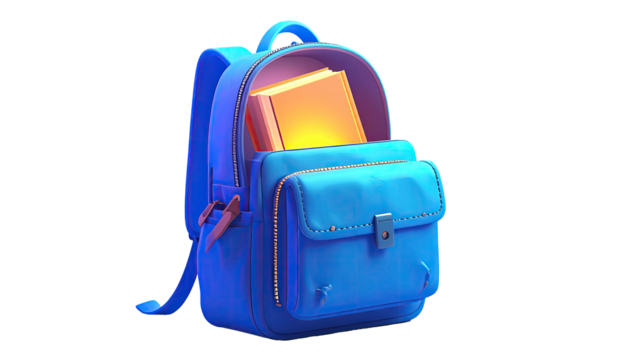 3D rendered illustration of a blue school bag, open and filled with a book