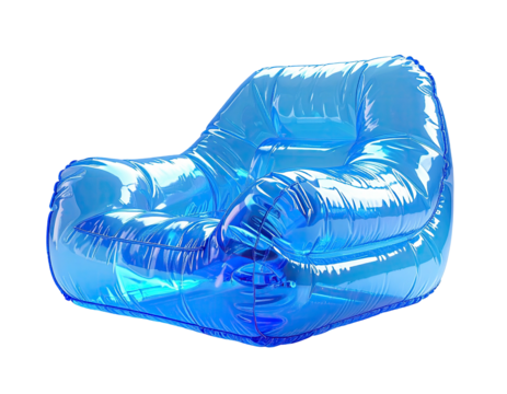 A digitally rendered, inflatable chair in translucent blue, isolated against a black background