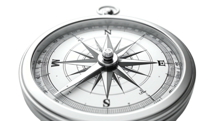 A close-up view of a metallic, detailed navigational instrument on a transparent black background