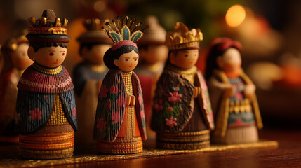 Traditional Bajada de Reyes celebration in Peru with colorful figurines representing historical characters and festive atmosphere