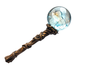 Artistic depiction of a staff, featuring a cracked crystal sphere atop a detailed wooden handle