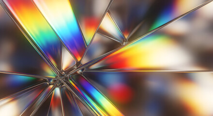 Abstract geometric shapes refract light into a spectrum of vibrant rainbow colors, creating a dazzling visual effect.