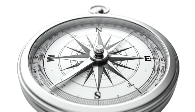 A close-up view of a metallic, detailed navigational instrument on a transparent black background