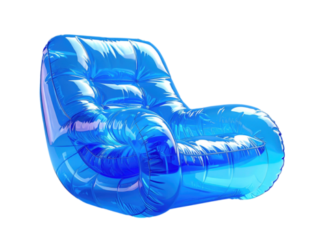 Modern, clear blue, inflatable chair. High-angle view, isolated on black background